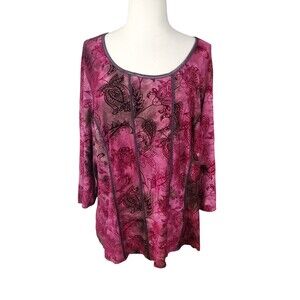 Roz & Ali Y2K Whimsygoth Floral Paisley Blouse Womens 2X Purple Stretchy Tie Dye